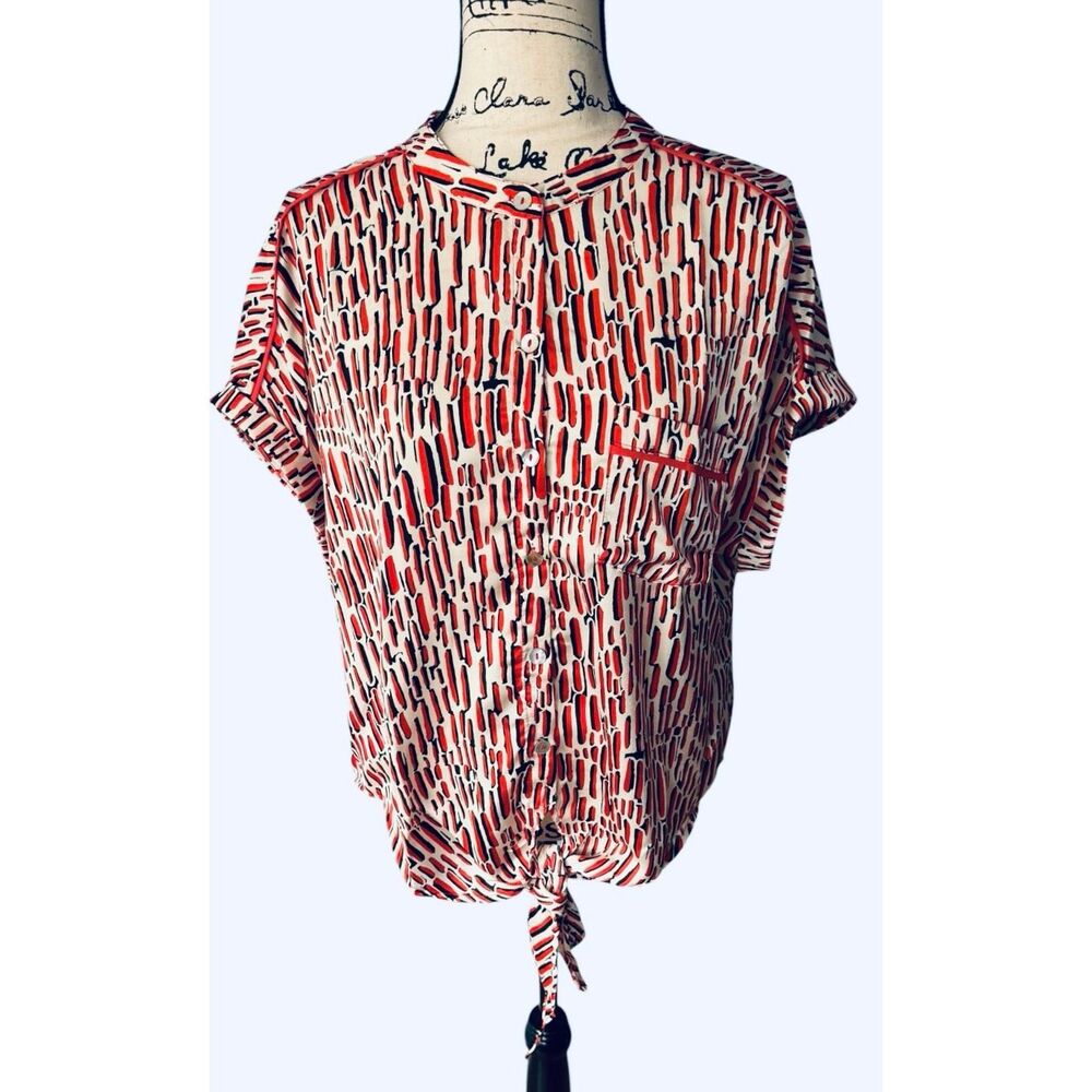 Umgee USA Shirt Women’s Large Red Black Abstract Button Up Tie Front K6122 NWT